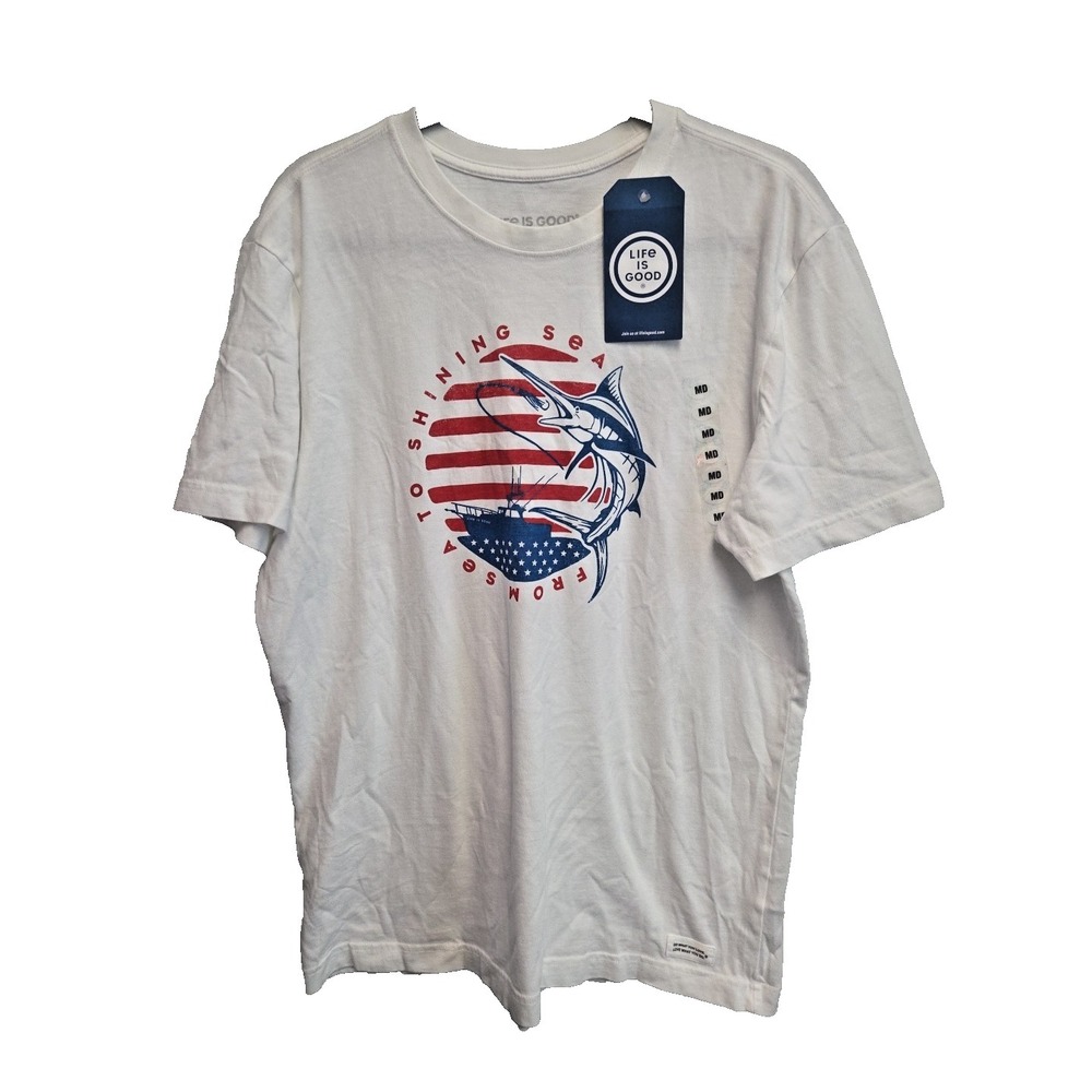Life Is Good Crusher T Shirt Mens Sz M American Flag Beach Shining Sea NWT